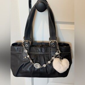 Vintage Coach Black Leather Shoulder Bag with Heart Charm